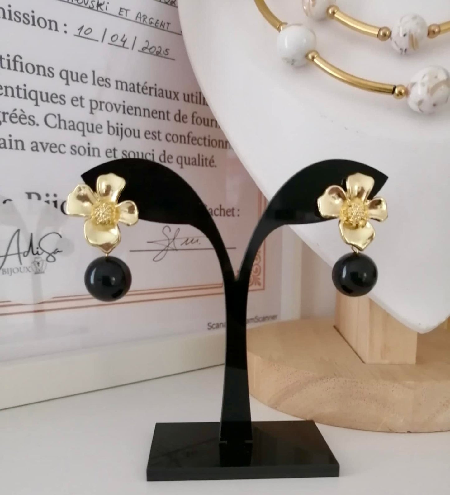 Boucles d’oreilles en pierre naturelles Agate noire fleur