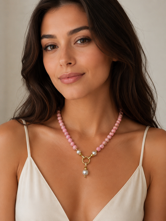 Collier Rosa artisanal Howlite coquillage rose