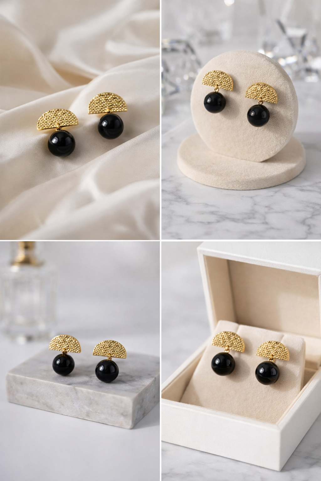 Boucles d’oreilles en pierre naturelles Agate noire demi-lune
