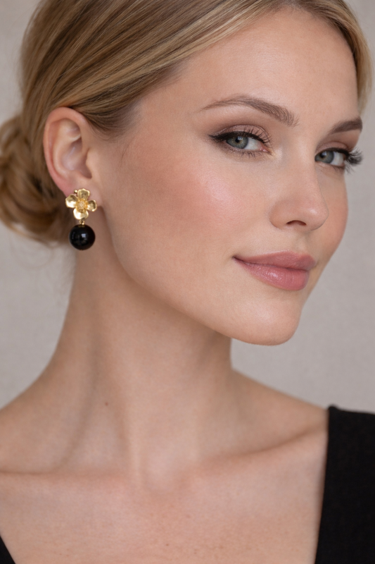 Boucles d’oreilles en pierre naturelles Agate noire fleur