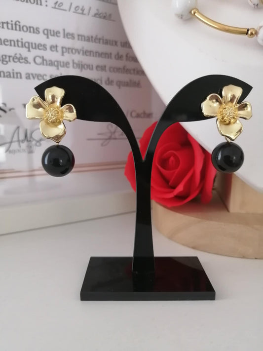 Boucles d’oreilles en pierre naturelles Agate noire fleur