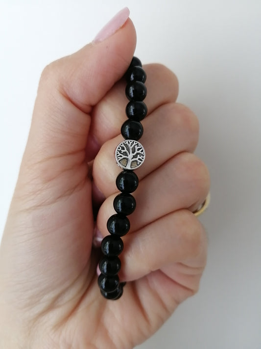 Bracelet Agate noire avec accessoire arbre de vie